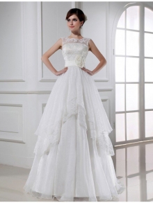 A-Line/Princess Beading Sleeveless Long Lace Organza Wedding Dresses