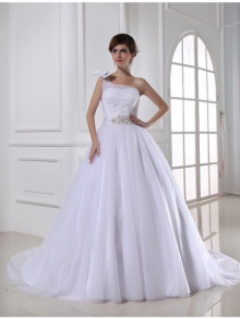 Ball Gown Beading One-shoulder Sleeveless Satin Tulle Wedding Dresses