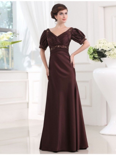 Sheath/Column Beading V-neck 1/2 Sleeves Long Satin Dresses [N13ZAYS5646]