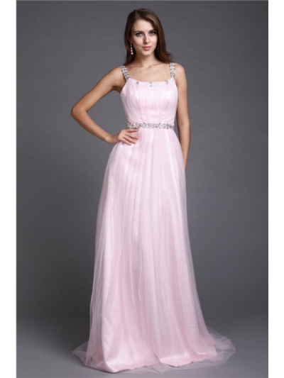 A-Line/Princess Spaghetti Straps Rhinestone Sleeveless Long Net Dresses [N13ZDRESS324]