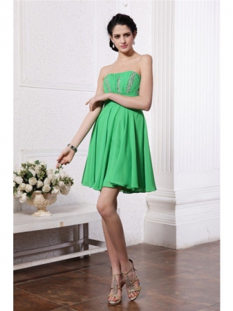 Sheath/Column Strapless Sleeveless Beading Pleats Short Chiffon Cocktail Dresses