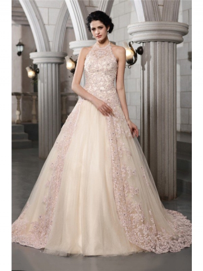 A-Line/Princess High Neck Sleeveless Beading Applique Long Net Wedding Dresses [N13ZYDRESS240]