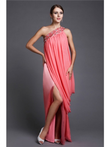 Sheath/Column One-Shoulder Sleeveless Beading Long Chiffon Dresses