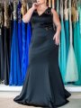 Trumpet/Mermaid V-neck Sleeveless Lace Sweep/Brush Train Elastic Woven Satin Plus Size Dresses