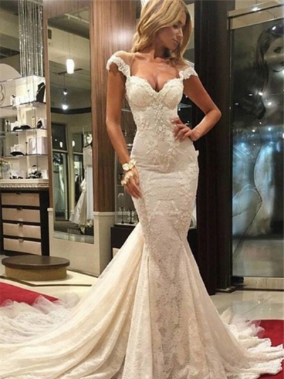 Trumpet/Mermaid Sleeveless Sweep/Brush Train V-neck Lace Wedding Dresses