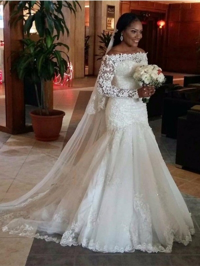 Trumpet/Mermaid Off-the-Shoulder Long Sleeves Lace Floor-Length Tulle Wedding Dresses [PO16033PO508]