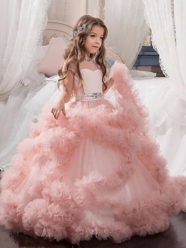 Ball Gown Jewel Short Sleeves Crystal Floor-Length Tulle Flower Girl Dresses