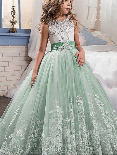 Ball Gown Jewel Sleeveless Lace Floor-Length Tulle Flower Girl Dresses [PO16033PO799]