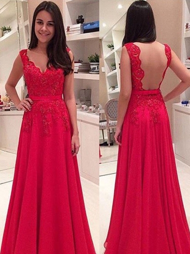 A-Line/Princess Sweetheart Sleeveless Applique Floor-Length Chiffon Dresses