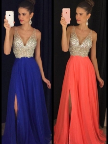 A-Line/Princess V-neck Sleeveless Beading Floor-Length Chiffon Dresses