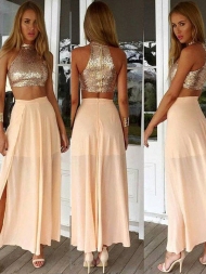 A-Line/Princess High Neck Sleeveless Sequin Chiffon Ankle-Length Dresses...