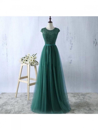 A-Line/Princess Scoop Sleeveless Tulle Floor-Length Dresses