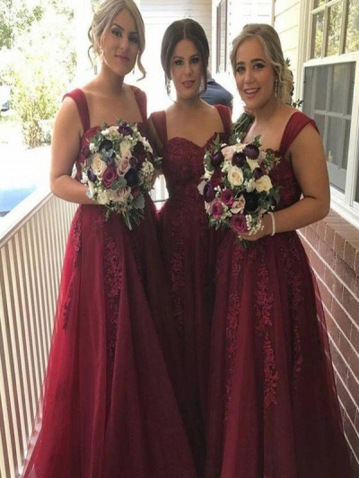 A-Line/Princess Sleeveless Straps Applique Floor-Length Tulle Bridesmaid Dresses [PON1506EV716]