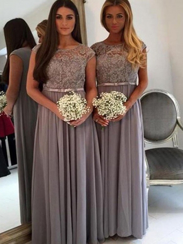 A-Line/Princess Scoop Floor-Length Applique Chiffon Bridesmaid Dresses