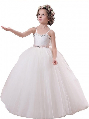 Ball Gown Sleeveless Spaghetti Straps Sash/Ribbon/Belt Floor-Length Tulle Flower Girl Dresses