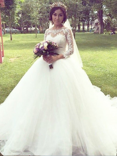 Ball Gown Tulle Long Sleeves Bateau Court Train Wedding Dresses