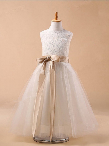 Ball Gown Jewel Sleeveless Bowknot Long Tulle Dresses