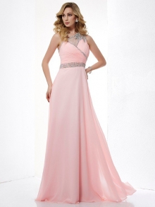 A-Line/Princess One-Shoulder Sleeveless Beading Chiffon Long Dresses