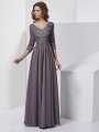 Sheath/Column V-neck Beading 3/4 Sleeves Long Chiffon Dresses