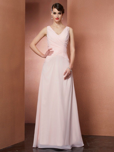 A-Line/Princess V-neck Sleeveless Pleats Long Chiffon Dresses