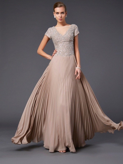 A-Line/Princess V-neck Short Sleeves Beading Long Chiffon Mother of the Bride Dresses [40368]