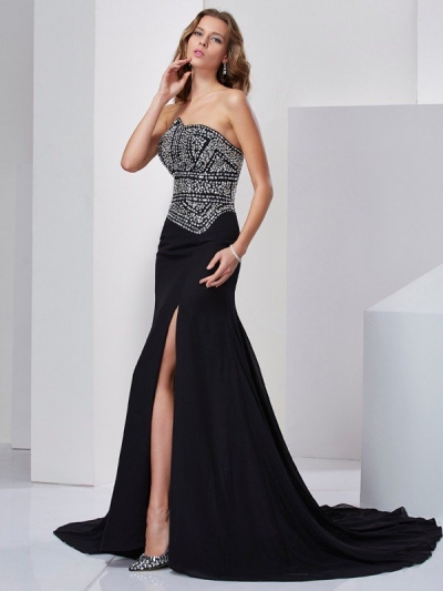 A-Line/Princess Strapless Sleeveless Beading Long Chiffon Dresses [40402]