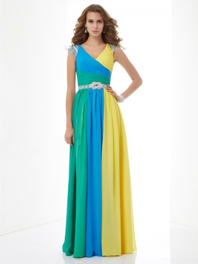 A-Line/Princess V-neck Short Sleeves Beading Long Chiffon Dresses