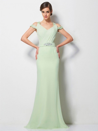 A-Line/Princess V-neck Sleeveless Beading Long Chiffon Dresses