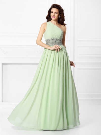 A-Line/Princess One-Shoulder Beading Sleeveless Long Chiffon Dresses [50071]