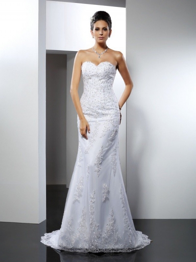 Trumpet/Mermaid Sweetheart Lace Sleeveless Long Satin Wedding Dresses [50076]