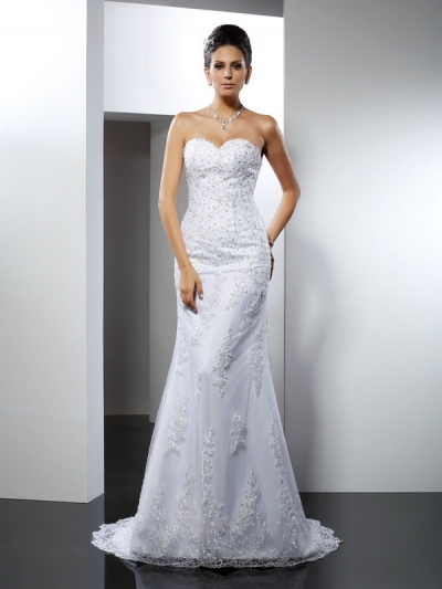 Trumpet/Mermaid Sweetheart Lace Sleeveless Long Satin Wedding Dresses