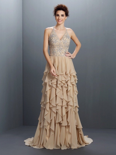 A-Line/Princess V-neck Beading Sleeveless Long Chiffon Dresses [50118]