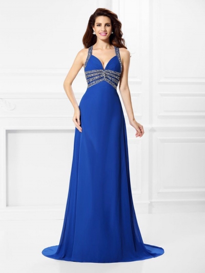 A-Line/Princess V-neck Beading Sleeveless Long Chiffon Dresses [50144]