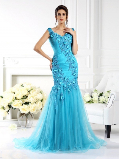 Trumpet/Mermaid Straps Applique Sleeveless Long Silk like Satin Dresses [50163]