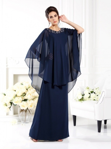 A-Line/Princess Scoop 3/4 Sleeves Long Chiffon Mother of the Bride Dresses