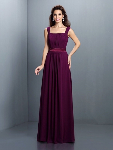 A-Line/Princess Square Pleats Sleeveless Long Chiffon Bridesmaid Dresses