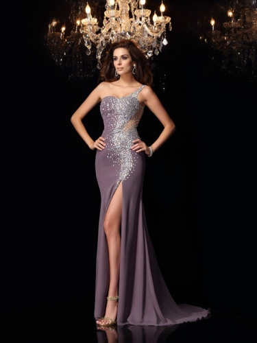 Trumpet/Mermaid One-Shoulder Rhinestone Sleeveless Long Chiffon Dresses