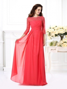 A-Line/Princess Scoop Beading 3/4 Sleeves Long Chiffon Dresses