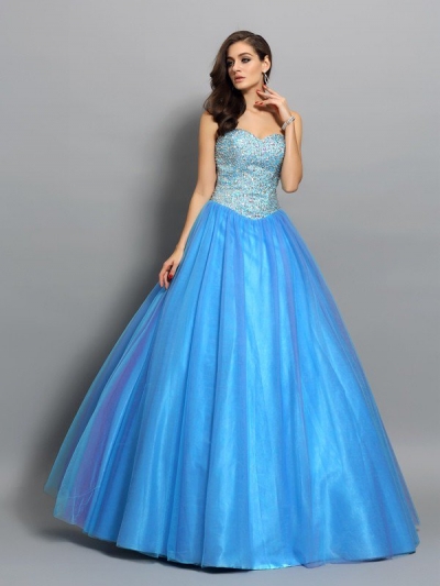 Ball Gown Sweetheart Beading Sleeveless Long Elastic Woven Satin Quinceanera Dresses