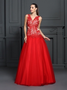 Ball Gown V-neck Lace Sleeveless Long Lace Quinceanera Dresses