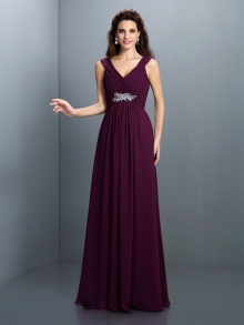 A-Line/Princess V-neck Beading Pleats Sleeveless Long Chiffon Bridesmaid Dresses