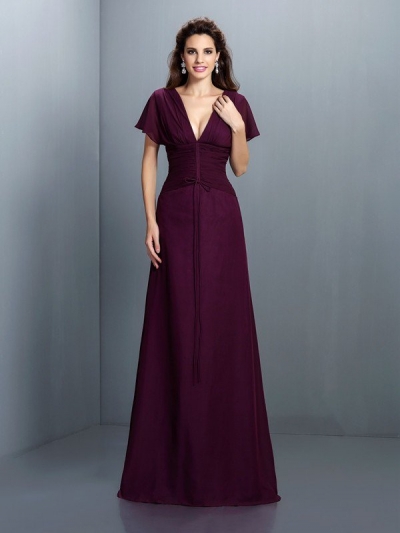 A-Line/Princess V-neck Ruched Short Sleeves Long Chiffon Dresses [50431]