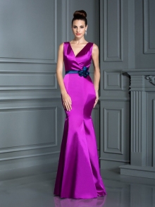 Trumpet/Mermaid V-neck Hand-Made Flower Sleeveless Long Elastic Woven Satin Bridesmaid Dresses