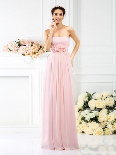 A-Line/Princess Strapless Hand-Made Flower Sleeveless Long Chiffon Bridesmaid Dresses [50520]