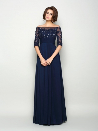 A-Line/Princess Off-the-Shoulder Beading 1/2 Sleeves Long Chiffon Mother of the Bride Dresses [50914]