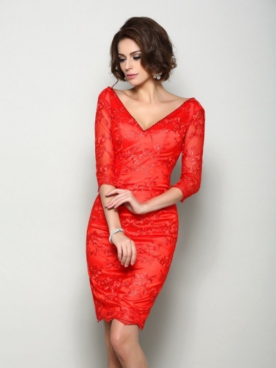 Sheath/Column V-neck Lace 1/2 Sleeves Short Lace Mother of the Bride Dresses [50965]