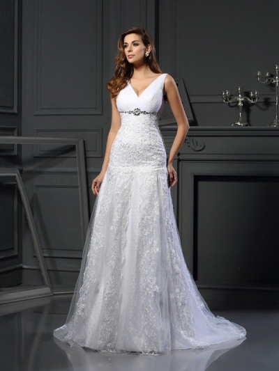 A-Line/Princess V-neck Beading Sleeveless Long Satin Wedding Dresses