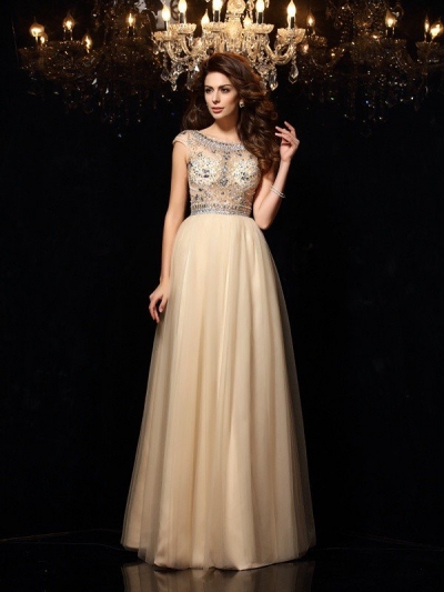 A-Line/Princess Scoop Beading Sleeveless Long Net Dresses [51246]