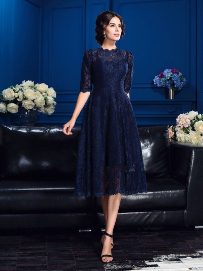 A-Line/Princess Jewel Lace 1/2 Sleeves Short Lace Mother of the Bride Dresses [60100]