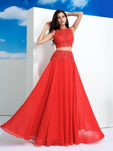 A-Line/Princess Scoop Lace Sleeveless Long Chiffon Two Piece Dresses